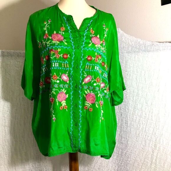 Kyla Seo Green Embroidered Viscose Peasant Top Size M - Picture 1 of 10